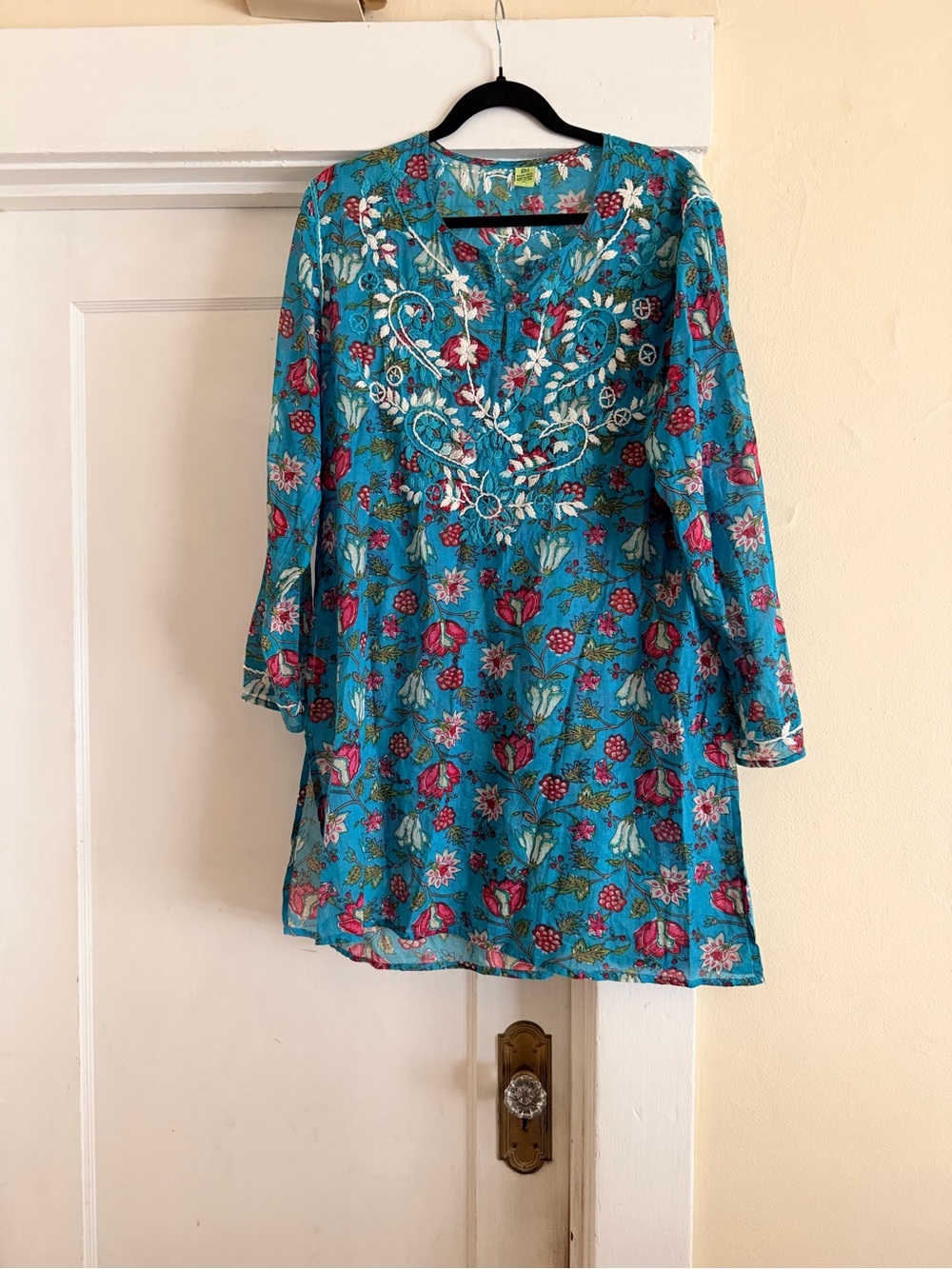 Raj 100% Cotton Floral Embroidered Tunic Dress Turquoise Size XL